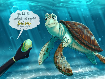 brown_shell bubble duo feral fin food fruit green_fin humor lemon male plant shell text underwater water chainsxwsmile disney finding_nemo pixar crush_(finding_nemo) cheloniid green_sea_turtle human mammal reptile scalie sea_turtle turtle 2026 english_text