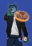 anthro blue_background blue_body blue_fur circle_eyebrows clothed clothing dessert doughnut eyebrows food fur green_body green_fur looking_at_viewer male pastry simple_background solo standing teeth_showing throwing throwing_food throwing_object easyvock eminem_throw sinser_(character) canid canine canis mammal wolf absurd_res digital_drawing_(artwork) digital_media_(artwork) hi_res meme