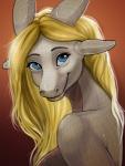 anthro blonde_hair blue_eyes breasts female hair horn looking_at_viewer non-mammal_breasts simple_background smile solo theowlette mythology ziyana dragon mythological_creature mythological_scalie scalie hi_res