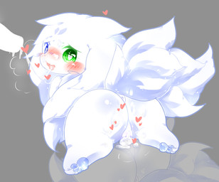 after_oral blue_eyes blush bodily_fluids butt cum cum_in_mouth cum_in_vagina cum_inside cum_string duo female floppy_ears fur genital_fluids genitals glistening glistening_body glistening_fur green_eyes grey_background heterochromia kemono male penis purewhite_(deaic) semi-anthro simple_background smile white_body white_fur deaic canid canine mammal 2016 shaded
