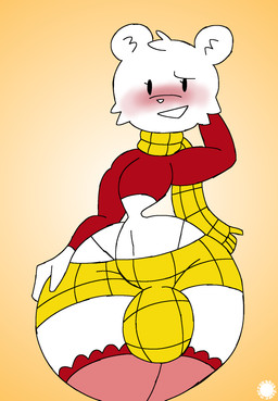 anthro blush bottomwear bulge cheek_tuft clothing crop_top curvy_figure eyelashes facial_tuft femboy footwear fur hand_behind_head hand_on_hip head_tuft inner_ear_fluff legwear logo male midriff navel scarf shirt shorts small_waist socks solo text thick_thighs thigh_highs thigh_socks thong_straps topwear tuft wasp_waist white_body white_fur wide_hips thatdawgmurray rupert_bear rupert_bear_(character) bear mammal aliasing artist_logo artist_name digital_media_(artwork) hi_res signature