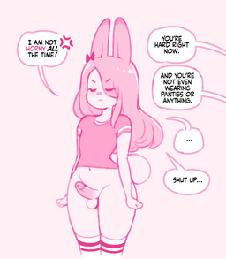 annoyed anthro balls clothing cross-popping_vein dialogue erection eyes_closed femboy frown genitals hair hair_over_eye humanoid_genitalia humanoid_penis legwear long_hair male navel offscreen_character pattern_clothing pattern_legwear penis scowl shirt simple_background small_waist solo speech_bubble standing striped_clothing striped_legwear stripes t-shirt text thigh_highs topwear wide_hips miu lagomorph leporid mammal rabbit english_text monochrome portrait sketch three-quarter_portrait