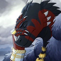 2_horns anthro black_body black_countershading cheek_horn claws cloud countershading diamond_ring eyes_closed finger_claws fur_clothing hand_on_own_face horn horn_sheath jewelry male necklace red_body red_scales scales solo ventral_scales draktau european_mythology mythology suffering_from_success riask dragon mythological_creature mythological_scalie scalie western_dragon 1:1 2019 meme