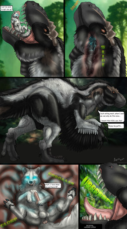 acid anus bodily_fluids burping claws digestion_implied drooling duo eating erection feathers feral flesh genitals internal knot male male/male organs pawpads paws penis predator/prey saliva slide slime stomach swallowing teeth text throat tongue vore arcticdunx dunx arctic_fox canid canine dinosaur fox mammal prehistoric_species reptile saurischian scalie theropod true_fox absurd_res comic english_text hi_res