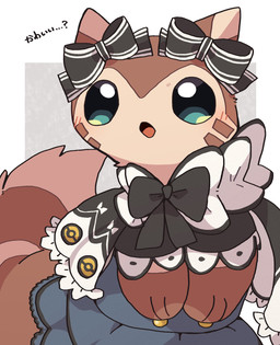 :o ambiguous_gender black_bow_tie black_clothing blush blush_lines border bow_ribbon bow_tie brown_body brown_fur clothed clothing diamond_(marking) ear_bow ears_up facial_markings feral fur gloves_(marking) grey_background head_markings kemono maid_uniform markings multicolored_body multicolored_fur open_mouth raised_tail ring_(marking) simple_background solo standing tail tan_body tan_fur text uniform white_border ke_mo_suke nintendo pokemon pokemon_cafe_remix furret generation_2_pokemon pokemon_(species) 2025 digital_media_(artwork) hi_res japanese_text shaded simple_shading translated