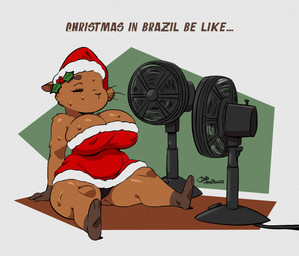 anthro biped bodily_fluids breasts brown_body christmas_clothing christmas_headwear clothed clothing eyelashes eyes_closed feet female hat headgear headwear holidays panties red_clothing santa_hat shortstack sitting solo sweat text thick_thighs three-quarter_view underwear joaoppereiraus christmas pam_(joaoppereiraus) capybara caviid mammal rodent 2025 hi_res