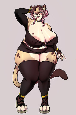 3_toes anthro areola areola_slip belly big_areola big_breasts biped black_clothing blush blush_lines bottomwear breasts brown_spots claws cleavage clothed clothed_anthro clothed_female clothing countershade_fur countershade_torso countershading curvy_figure ear_piercing ear_ring feet female female_anthro footwear fully_clothed fully_clothed_anthro fully_clothed_female fur gold_(metal) gold_jewelry hand_behind_head high_heels huge_breasts huge_thighs jewelry knock-kneed legwear looking_at_viewer markings microskirt miniskirt monotone_background multicolored_body multicolored_fur navel nipple_outline o-ring overweight overweight_anthro overweight_female piercing pink_claws pink_clothing pink_underwear raised_arm ring_piercing shoes simple_background skirt solo spots spotted_body spotted_face spotted_fur spotted_legs spotted_markings spotted_shoulders spotted_tail spotted_thighs standing tail tail_markings tan_background tan_body tan_countershading thick_thighs thigh_highs thong_straps toes topwear two_tone_tail underwear voluptuous voluptuous_anthro voluptuous_female wide_hips illy._.bean cheetah felid feline mammal 2025 full-length_portrait portrait