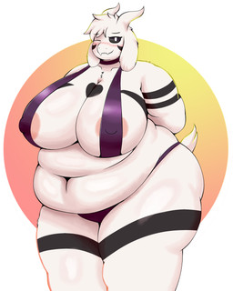 anthro areola belly belly_overhang belly_rolls big_areola big_belly big_breasts big_butt bikini black_markings blush breasts butt cleavage clothed clothing crossgender deep_navel fat_arms fat_rolls female fur hands_behind_back horn huge_belly huge_breasts huge_butt huge_thighs long_ears markings midriff mtf_crossgender navel nipple_outline obese obese_female one_eye_closed overweight overweight_female solo swimwear thick_thighs two-piece_swimsuit white_body white_fur wide_hips wink lustofgoat undertale undertale_(series) asriel_dreemurr_(god_form) boss_monster_(undertale) bovid caprine goat mammal 4:5 hi_res
