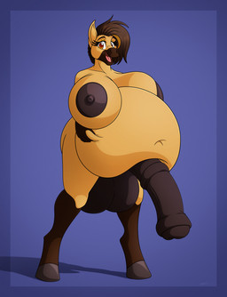 animal_genitalia animal_penis anthro balls belly belly_grab big_balls big_belly big_breasts big_penis blue_background blue_border border breasts brown_eyebrows brown_eyes brown_hair brown_nipples equine_genitalia equine_penis eyebrows fur genitals gynomorph hair huge_penis inflation intersex multicolored_body multicolored_fur navel nipples open_mouth penis pink_tongue simple_background solo tan_body tan_fur tongue s7v8 equid equine horse mammal hi_res shaded herm_(lore)