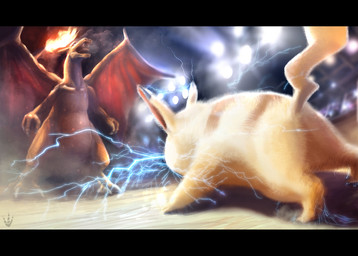 3_fingers 3_toes ambiguous_gender anthro bioluminescence biped black_bars brown_body brown_fur brown_stripes claws collarbone countershade_torso countershading detailed_fur detailed_scales digitigrade dipstick_ears duo ear_markings electricity feet feral fight fingers fire flaming_tail floodlight front_view fur glowing horn lamp light membrane_(anatomy) membranous_wings multicolored_body multicolored_ears multicolored_fur multicolored_scales orange_body orange_horn orange_scales orange_wings pecs photorealism quadruped realistic realistic_lighting realistic_shading rear_view roaring scales shadow spread_wings stadium striped_body striped_fur stripes tail tan_body tan_countershading tan_scales toe_claws toes two_tone_body two_tone_fur two_tone_scales white_claws wings yellow_body yellow_fur yellow_tail rhexfiremind european_mythology mythology nintendo pokemon charizard dragon generation_1_pokemon mammal mythological_creature mythological_scalie pikachu pokemon_(species) rodent scalie western_dragon 2010 detailed digital_media_(artwork) digital_painting_(artwork) hi_res letterbox lighting painting_(artwork) watermark