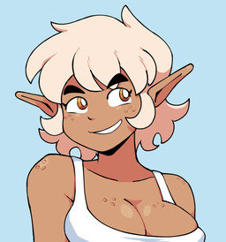 bangs big_breasts black_eyebrows blue_background breasts brown_body brown_breasts brown_ears brown_skin cartoon_freckles cleavage clothed clothed_female clothed_humanoid clothing collarbone crop_top eyebrows eyelashes female female_humanoid freckled_breasts freckled_face freckled_shoulders freckles grin hair humanoid_pointy_ears long_eyelashes looking_up not_furry orange_eyes pointy_ears pupils shirt simple_background smile solo tan_hair thick_eyebrows topwear white_clothing white_crop_top white_pupils white_sclera white_topwear genocityzone autumn_(genocityzone) elf humanoid 2026 digital_media_(artwork) hi_res