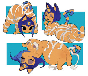 anthro ass_up bandage big_breasts blue_hair bob_cut breasts butt claws fangs female fur hair looking_at_viewer lying markings multiple_angles mummy_wrappings nipple_slip on_back on_front one_eye_closed open_mouth paw_pose pawpads pose solo striped_markings striped_tail stripes tail tail_markings teeth thick_thighs uraeus wide_hips yawn yellow_body yellow_fur shybred animal_crossing nintendo ankha_(animal_crossing) domestic_cat felid feline felis mammal 2025 absurd_res full-length_portrait hi_res portrait