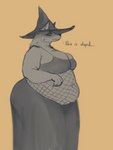 anthro belly big_belly big_breasts big_butt bottomwear bra breasts butt clothed clothing female fishnet_clothing fur hat headgear headwear holidays obese overweight simple_background skirt solo text thick_thighs underwear wide_hips witch_hat thiccomode halloween canid canine canis mammal wolf absurd_res english_text hi_res