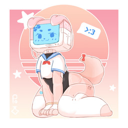 accessory arm_support black_clothing black_leotard blush blush_lines bow_ribbon clothing collar crop_top electronics female floppy_ears for_a_head furgonomics kneeling leotard looking_at_viewer machine markings monitor pink_body red_bow ribbons screen screen_face shirt simple_background smile solo speech_bubble tail tail_accessory tail_bow tail_ribbon television thick_thighs topwear white_collar white_markings mc233tkx trista_(mc233tkx) canid canine humanoid mammal object_head robot screen_head tv_head 1:1 absurd_res colored colored_sketch digital_drawing_(artwork) digital_media_(artwork) hi_res shaded sketch