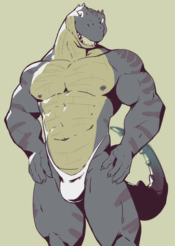abs anthro biceps bulge clothed clothing looking_at_viewer male muscular muscular_anthro muscular_male nipples pecs scales simple_background smile smiling_at_viewer solo stocky tail thong thong_only topless topless_anthro topless_male underwear underwear_only jrjresq crocodile crocodilian reptile scalie hi_res