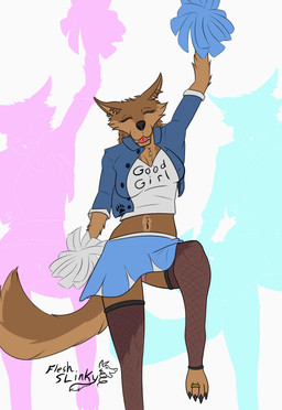 anthro black_nose blue_clothing bottomwear brown_body brown_fur button_(fastener) cheering cheerleader clothing crop_top digit_ring ear_piercing ear_ring eyes_closed fangs feet female fluffy fluffy_chest fluffy_tail footprint fur happy inner_ear_fluff jacket jewelry legwear navel panties pawprint piercing pom_poms raised_leg ring ring_piercing shirt skirt smile solo stockings tail teeth text text_on_clothing toe_ring toes tongue topwear tuft underwear fleshslinky nicole_(fleshslinky) canid canine canis mammal wolf hi_res
