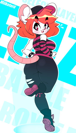 anthro arm_tuft armwear baseball_cap big_breasts big_butt blush bottomwear bracelet breasts butt cheek_tuft clothing elbow_tuft emanata eyelashes facial_tuft female footwear fur hair hand_on_hip hat headgear headwear inner_ear_fluff jewelry looking_back open_mouth open_smile orange_hair outline pants pattern_armwear pattern_clothing pattern_shirt pattern_topwear raised_leg red_eyes shirt shoes smile solo spiked_bracelet spikes striped_armwear striped_clothing striped_shirt striped_topwear stripes tail text thick_thighs topwear torn_bottomwear torn_clothing torn_pants tuft white_body white_fur white_outline wide_hips miikotorii emz_(leonthezorua) mammal murid murine rat rodent absurd_res artist_name character_name hi_res
