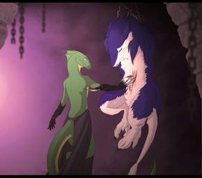 anthro black_bars blood bodily_fluids bound captured chain claws duo hook male tail torture amit markus_(dowantanaccount) lizard mammal reptile scalie sergal letterbox