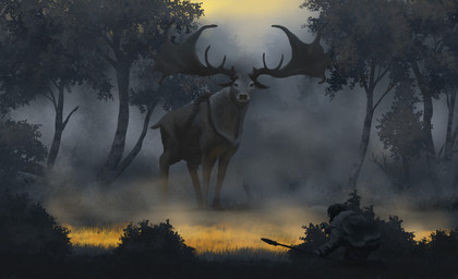 birch clearing duo feral fog forest grass huge_antlers hunting male melee_weapon plant polearm quadruped short_fur spear stalking tree weapon paleopete cervine deer human irish_elk mammal megaloceros prehistoric_species 2022 absurd_res digital_media_(artwork) digital_painting_(artwork) hi_res painting_(artwork)