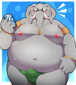 anthro belly big_belly bulge can clothing container detailed_bulge eyewear glasses grey_body kemono male moobs navel nipples overweight overweight_male solo standing swimwear kusosensei elephant elephantid mammal proboscidean 2025