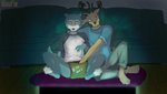 anthro chips_(food) clothed clothing dark duo electronics food furniture male male/male sitting sofa television watching_television wuufie beastars legoshi_(beastars) louis_(beastars) canid canine canis cervine deer mammal red_deer wolf absurd_res hi_res