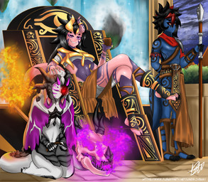 anthro armor bandage black_hair blue_body bone breasts chair claws cleavage clothed clothing colored_fire egyptian eye_of_horus female fire flaming_tail floppy_ears furniture glowing glowing_eyes gold_(metal) group guard hair horn male male/female markings melee_weapon night outside pauldron petting pink_body polearm purple_body purple_clothing purple_eyes purple_fire red_eyes skimpy skull smile smirk smug spear star tail tattoo throne throne_room toe_claws trio weapon white_body white_hair jvbax mythology ashakhet mylora queen_sambnatshepti amphibian gecko hybrid lizard mythological_creature mythological_salamander mythological_scalie reptile salamander scalie digital_media_(artwork) hi_res shaded