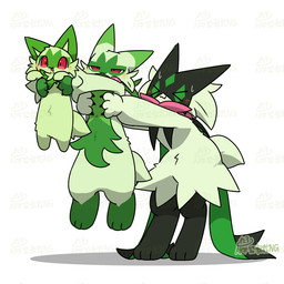3_fingers 3_toes >w< ambiguous_anthro ambiguous_feral ambiguous_gender anthro black_claws black_legs blush blush_lines bodily_fluids carrying_another cheek_tuft claws dipstick_ears ear_markings evolutionary_family eyes_closed facial_tuft feet feral fingers fur gloves_(marking) green_body green_ears green_fur green_tail group half-closed_eyes leg_markings markings mask multicolored_body multicolored_ears multicolored_fur narrowed_eyes open_mouth open_smile pupils red_eyes shadow shaking side_view simple_background size_difference smile socks_(marking) sweat sweatdrop tail tail_motion tailwag text toes trembling trio tuft two_tone_body two_tone_fur white_background white_claws tontaro nintendo pokemon felid feline floragato generation_9_pokemon mammal meowscarada pokemon_(species) sprigatito 1:1 2026 2d_animation animated artist_name digital_media_(artwork) frame_by_frame loop seamless_loop signature watermark