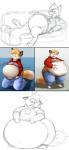 after_vore anthro barefoot belly belly_squish big_belly bodily_fluids bottomless bottomless_anthro bulge canid canine canis clothed clothing comic covering_stomach death digestion digestion_noises duo embarrassed english_text feet fox hands_on_stomach hi_res hoodie line_art male male_pred mammal obese obese_anthro obese_male onomatopoeia overweight overweight_anthro overweight_male scott_calico simple_background sketch solo sound_effects squish struggling sweat text thick_thighs topwear vore weight_gain zero_(kitsunezero)