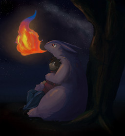 blue_eyes breath_powers clothed clothing cold cuddling dark detailed_background duo elemental_manipulation feral fire fire_breathing fire_manipulation fully_clothed male night outside plant red_eyes sky star starry_sky tree urekemo nintendo pokemon la_la generation_2_pokemon human mammal pokemon_(species) typhlosion 2008 dark_theme digital_media_(artwork) hi_res high_contrast