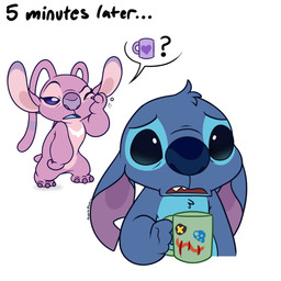 4_fingers antennae_(anatomy) antennae_markings anthro biped blue_body blue_eyes blue_fur blue_mouth blue_nose blue_tongue chest_markings chest_tuft claws coffee_mug container cup duo ear_markings ears_down emoji eyebrows eyelashes finger_claws fingers frown fur head_tuft heart_symbol holding_container holding_cup holding_mug holding_object humor long_antennae markings mug one_eye_closed open_frown open_mouth pink_body pink_fur pivoted_ears purple_claws purple_eyes purple_finger_claws purple_inner_ear purple_markings purple_nose raised_inner_eyebrows sharp_teeth simple_background small_tail speech_bubble standing tail teeth text tired tongue tuft walking white_background white_markings worried angoraram disney lilo_and_stitch angel_(lilo_and_stitch) scrump stitch_(lilo_and_stitch) alien experiment_(lilo_and_stitch) 1:1 2026 digital_drawing_(artwork) digital_media_(artwork) english_description english_text signature female_(lore) male_(lore)