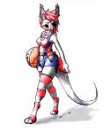 anthro ball basketball_(ball) bib_jeans biped blep breasts camel_toe chest_tuft cleavage clothed clothing female fur grey_body grey_fur hair holding_ball holding_object legwear red_eyes red_hair simple_background solo standing stockings stripes tail thick_tail tongue tongue_out tuft walking wide_hips mw scarlet_(mw) felid litra mammal space_cat hi_res