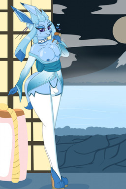 anthro anthrofied asian_clothing blue_body blue_eyes blue_hair blue_nipples blue_nose blue_tail bulge choker clothed clothing east_asian_clothing eyelashes femboy footwear hair heart_symbol high_heels hot_spring japanese_clothing jewelry kimono legwear male medium_tail moon mountain necklace nipple_piercing nipples open_clothing open_kimono panties piercing pokemorph shoes solo spa stockings tail thigh_highs thong underwear water white_clothing white_legwear white_panties white_stockings white_thigh_highs white_thong white_underwear collinscorpio nintendo pokemon canid eeveelution generation_4_pokemon glaceon mammal pokemon_(species) hi_res