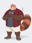 anthro bottomwear brown_body brown_fur clothing fur humanoid_hands male orange_body orange_fur overweight overweight_anthro overweight_male shirt shorts solo topwear ixkouu ailurid mammal red_panda 2021 hi_res