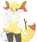 5_fingers anthro areola blush breasts female fingers fur fur_tuft genitals looking_at_viewer nipples nude open_mouth pupils pussy red_eyes simple_background solo tail tongue tuft two_tone_tail white_background white_pupils yellow_body yellow_ears yellow_fur yellow_tail turtlepaws nintendo pokemon braixen canid generation_6_pokemon mammal pokemon_(species) absurd_res hi_res