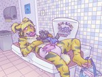 abdl ageplay anthro black_body black_fur blonde_hair changing_table clean_diaper clothed clothing detailed_background diaper diaper_bag diaper_change diaper_only door fangs female fur hair infantilism lying object_in_mouth on_back orange_body orange_fur pacifier pacifier_in_mouth pawpads paws pigtails plushie roleplay solo striped_body striped_fur stripes teeth topless trash_can wearing_diaper crepepup felid mammal prehistoric_species saber-toothed_tiger 4:3 hi_res