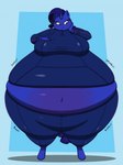 anthro belly belly_expansion big_belly big_breasts blue_body blue_eyes blueberry_inflation body_inflation bottomwear breasts clothed clothing expansion eyelashes eyeshadow female hair hand_on_breast hand_on_cheek horn huge_belly huge_breasts hyper hyper_belly inflation inflation_fetish makeup onomatopoeia purple_hair solo sound_effects spherical_inflation tail text topwear tracksuit thaliaglacyswells friendship_is_magic hasbro my_little_pony rarity_(mlp) 2024 digital_media_(artwork) english_text hi_res