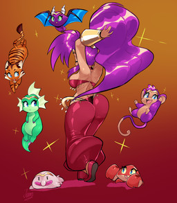 breasts brown_body brown_skin butt clothing female feral footwear hair horn long_hair open_mouth open_smile ponytail purple_hair simple_background smile wings jamoart shantae_(series) wayforward shantae shantae_(bat_form) shantae_(blobfish_form) shantae_(crab_form) shantae_(monkey_form) shantae_(newt_form) shantae_(tiger_form) amphibian aquatic arthropod bat blobfish cottoid crab crustacean decapod felid feline fish haplorhine human malacostracan mammal monkey newt pantherine perciform primate salamander sculpin tiger absurd_res hi_res signature