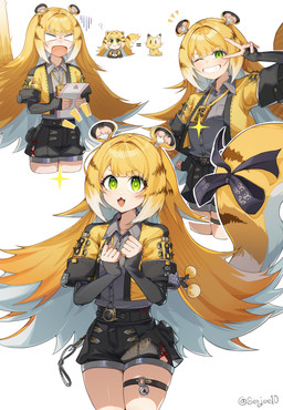 accessory animal_ears arms_bent bare_legs belt black_bottomwear black_clothing black_shorts blonde_hair blush bottomwear cat_smile clothed clothing collared_shirt confusion cute_fangs dress_shirt fangs female fluffy_ears frustrated furgonomics glistening glistening_hair green_eyes grey_dress_shirt hair heart_symbol jacket long_hair love_letter markings open_clothing open_jacket open_mouth open_topwear raised_tail ribbons shirt shorts simple_background smile sparkles sparkling_eyes striped_hair striped_markings striped_tail stripes tail tail_accessory tail_markings tail_ribbon teeth thigh_strap topwear two_tone_tail white_background white_hair yellow_clothing yellow_jacket_(clothing) yellow_topwear seojee10 mihoyo zenless_zone_zero ju_fufu animal_humanoid domestic_cat felid felid_humanoid feline felis humanoid mammal mammal_humanoid pantherine pantherine_humanoid thiren tiger_humanoid absurd_res hi_res multiple_scenes signature