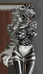 anthro big_breasts breasts clothing female iroquois legwear looking_at_viewer nipples pink_eyes simple_background smile solo stockings striped_body stripes zebrov equid equine mammal zebra hi_res