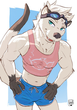 anthro bottomwear bulge clothed clothing eyewear eyewear_on_head fur goggles goggles_on_head hair half-closed_eyes looking_at_viewer male muscular muscular_anthro muscular_male narrowed_eyes navel pecs shirt shorts simple_background smile solo standing tail tank_top topwear lion21 mammal mustelid otter digital_media_(artwork) hi_res