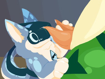 2_penises anthro blue_body blue_eyes blush bodily_fluids duo fluffy genital_fluids genitals green_body licking male male/male multi_genitalia multi_penis neck-fluff oral penile penis penis_grab penis_lick precum sex tongue tongue_out crime_toaster reef_(crime_toaster) tiburon_(crime_toaster) aquatic fish mantled_beast shark 4:3