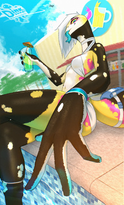 alcohol beverage blue_tongue clothing female hair hand_focus resort sitting solo swimming_pool swimwear tongue white_hair yellow_body yellow_skin josiedink lizard reptile scalie skink hi_res