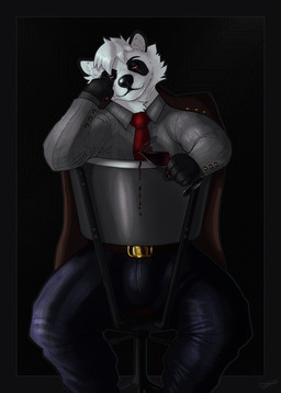 alcohol anthro belt belt_buckle beverage biped buckle bulge chair cheek_tuft clothed clothed_anthro clothed_male clothing container cup drinking_glass eye_contact facial_tuft front_view fur furniture glass glass_container glass_cup looking_at_another looking_at_viewer male multicolored_body multicolored_fur muscular muscular_anthro muscular_male red_eyes simple_background sitting solo spilling_drink spilling_wine spread_legs spreading tuft two_tone_body two_tone_fur wine wine_glass hazed01 buggy_panda bear giant_panda mammal absurd_res hi_res