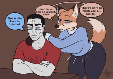 anthro black_hair blue_eyes bodily_fluids bottomwear breasts brown_background brown_ear_tips clothed clothing color_coded color_coded_speech_bubble crossed_arms depression dialogue dipstick_ears dipstick_tail duo ear_markings ellipsis eyebrows eyewear female fur glasses hair hands_on_shoulders happy husband_and_wife interspecies interspecies_pregnancy male male/female male_human markings married_couple multicolored_ears nazi orange_body orange_fur pants pregnant pregnant_anthro pregnant_female sad simple_background sitting speech_bubble standing sweater tail tail_markings tears teeth text thick_eyebrows thick_thighs tongue tongue_out topwear wearing_glasses what wife bishop_(artist) 4chan chudjak canid canine fox human mammal absurd_res english_text hi_res meme