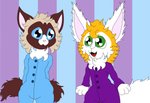 anthro big_eyes blue_eyes clothing cute_fangs duo fangs fluffy fluffy_tail fur green_eyes male male/male multicolored_body multicolored_fur neck_tuft pajamas tail teeth tuft coelhoposa_(artist) romeo_(coelhoposa) wonny_(coelhoposa) canid canine domestic_cat felid feline felis fennec_fox fox lagomorph leporid maine_coon mammal rabbit siamese true_fox digital_media_(artwork) hi_res