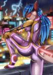 anthro balcony blue_hair breasts building butt city clothed clothing cyberpunk electricity female fully_clothed hair lightning looking_at_viewer nipples non-mammal_breasts outside science_fiction skinsuit solo tight_clothing toeless_legwear evangellos hannah_artaje fish marine shark 2019 digital_media_(artwork) hi_res