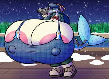 anthro areola areola_slip big_breasts blue_body blue_eyes blue_hair boots bottomwear bra breasts bulging_breasts clothing earmuffs female fish_tail footwear gloves hair handwear huge_breasts hyper hyper_breasts jacket night nipple_outline non-mammal_breasts outside pants sea shoes snow solo topwear underwear water wharf winter sprucy mackenzie_(sprucy) fish mackerel marine scombrid scombriform
