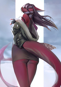 5_fingers abstract_background anthro biped brown_clothing brown_dress brown_sclera butt clothed clothing dorsal_fin dress female fin fingerless_(marking) fingers fully_clothed green_clothing green_jacket green_topwear hair humanoid_hands jacket light long_ears long_hair long_tail looking_back off_shoulder pose pupils purple_hair rear_view red_body red_eyes red_scales scales short_dress slit_pupils solo tail tail_fin thick_tail topwear shermugi rose_(kamikazekit) aquatic fish shark 2021 digital_media_(artwork) digital_painting_(artwork) hi_res lighting painting_(artwork) pinup portrait shaded soft_shading three-quarter_portrait
