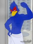 abs anthro beak biceps blue_eyes clothed clothing flexing looking_at_viewer male muscular muscular_anthro muscular_male pecs pose solo topless towel towel_around_waist towel_only blackwingedheart87 nintendo star_fox falco_lombardi avian bird 2010