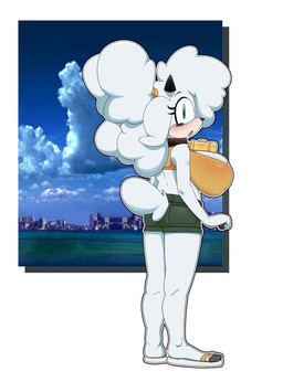 anthro big_breasts blue_eyes bottomwear breasts clothing collar cowbell crop_top eyelashes female footwear horn huge_breasts looking_back photo_background sandals sheep_horns shirt shoes shorts solo tail top_heavy topwear white_body unfunnybill idw_publishing sega sonic_the_hedgehog_(comics) sonic_the_hedgehog_(idw) sonic_the_hedgehog_(series) lanolin_the_sheep_(sonic) bovid caprine mammal sheep hi_res mixed_media photography_(artwork)